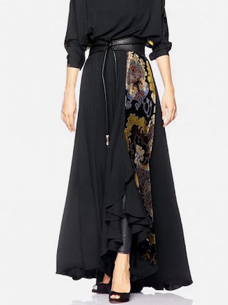

Loose Mid Waist Elegant Long Skirt, Black, Skirts