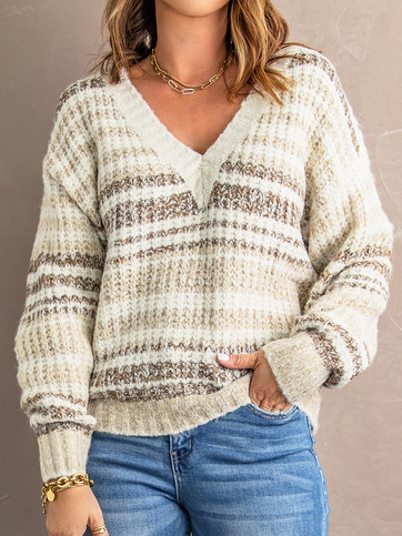 

V Neck Wool/Knitting Casual Sweater, Khaki, Sweaters