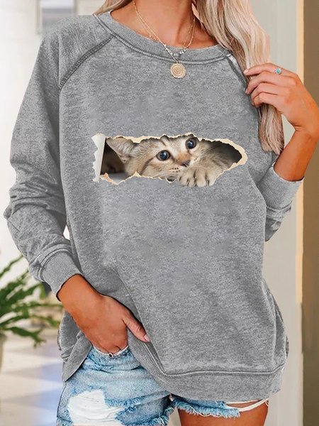 

Women Funny Cat Simple Crew Neck Sweatshirt, Gray, Hoodies&Sweatshirts