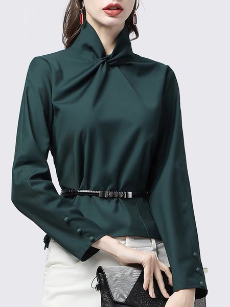

Regular Fit Stand Collar Long sleeve Cross Blouse, Green, Blouses and Shirts