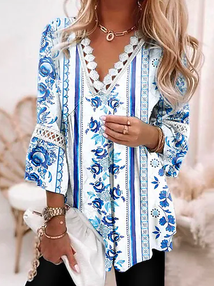 

Ethnic Loose V Neck Vacation Tops, Blue, Shirts & Blouses
