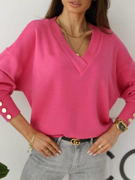 

High Elasticity Loose V neck Long sleeve Plain Tops, Rose red, Tops