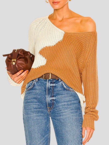 

Daily Color Block V Neck Long Sleeve Sweater, Khaki, Sweaters