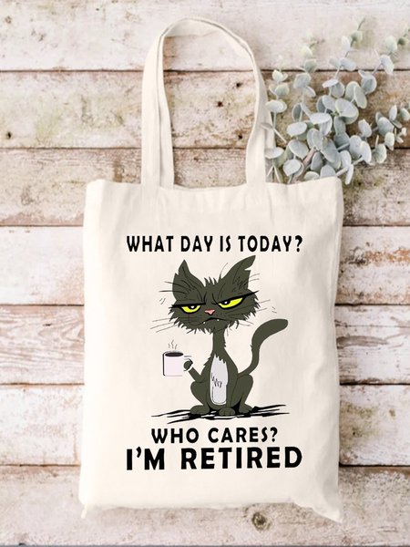 

Funny What Day Is Today Who Cares Im Retired Black Cat Graphic Shopping Tote, White, Bags