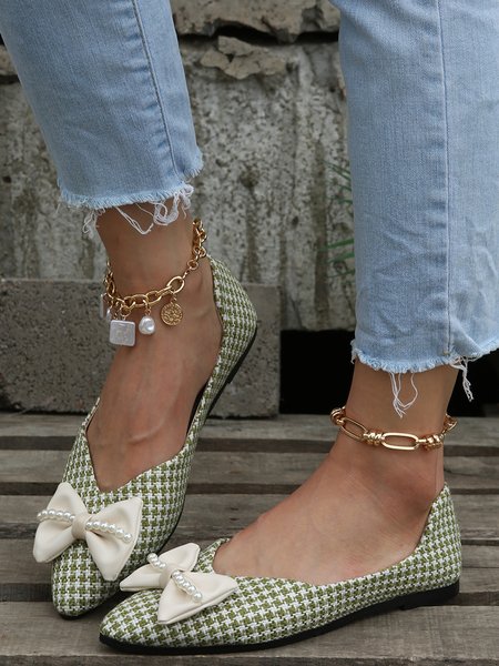 

Houndstooth Pearl Bow Pointed Toe Flats, Green, Flats