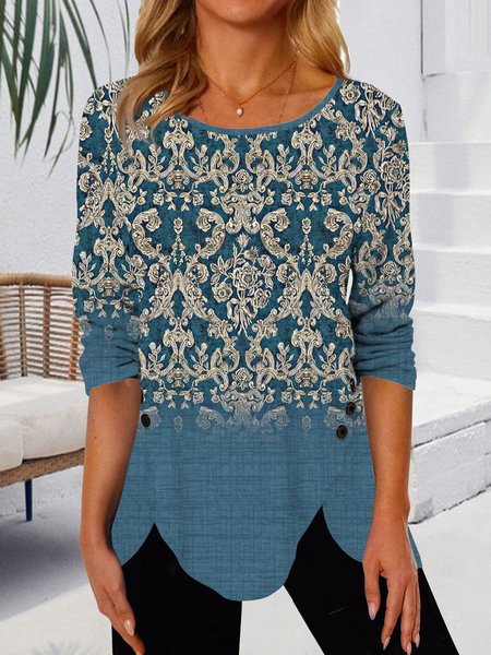 

Gradient folk custom button asymmetric hem loose top plus size, Blue, Shirts & Blouses