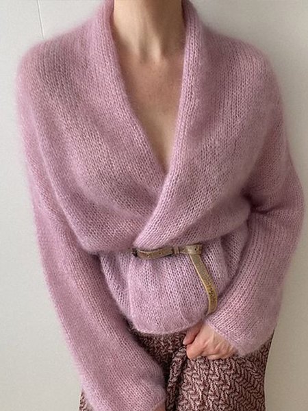 

Simple Plain Casual Long Sleeve Sweater Cardigan, Pink, Sweaters