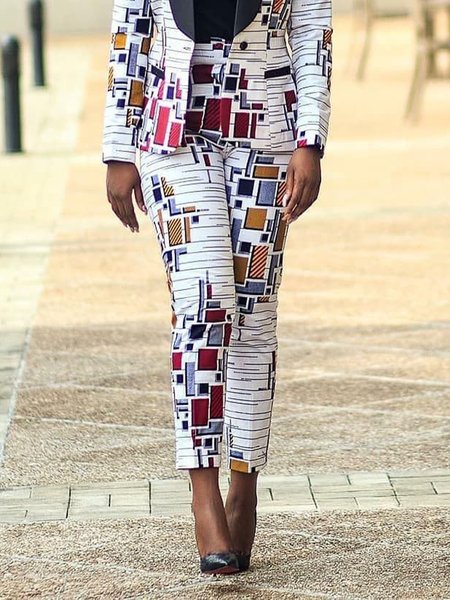 

Geometric Autumn Urban Polyester Natural No Elasticity Ankle Pants Tailored Regular Size Fashion Pants for Women, As picture, Pants
