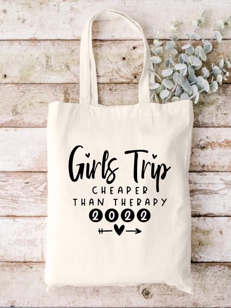 

Girls Trip Text Letters Commuting Canvas Shopping Tote, White, Bags