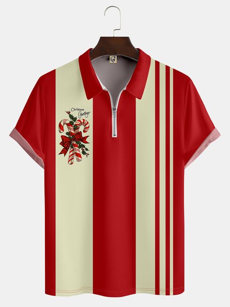 

Casual Festive Collection Retro Medieval Geometric Striped Color Block Christmas Elements Pattern Lapel Short Sleeve Polo Print Top, Red, Men's t-shirts