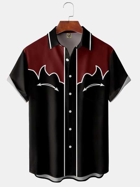 

Casual Retro Western Culture Geometric Lapel Short Sleeve Shirt Chest Pocket Print Top, Black, Short Sleeve Shirts