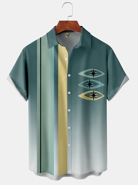 

Casual Art Collection Medieval Gradient Geometric Stripes Color Block Pattern Lapel Short Sleeve Chest Pocket Shirt Print Top, Cyan, Short Sleeve Shirts