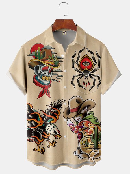 

Men's Pocket Retro Kraft Color Vintage Tattoo Print Casual Breathable Short Sleeve Shirts, As picture, Short Sleeve Shirts