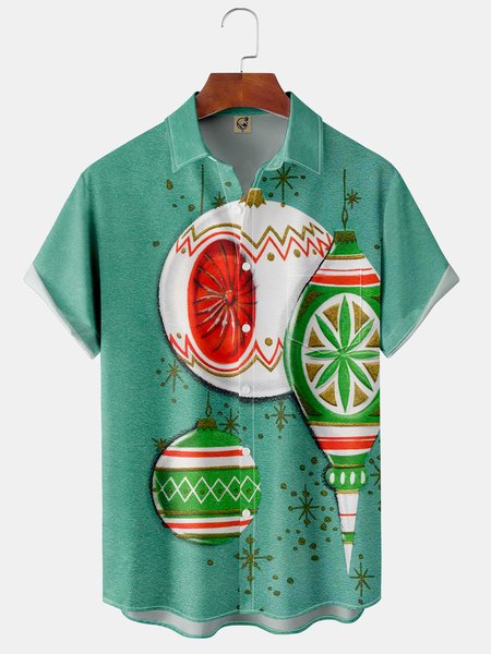 

Casual Festive Collection Mid-Century Retro Geometric Stripes Christmas Lapel Short Sleeve Chest Pocket Shirt, Green, Short Sleeve Shirts
