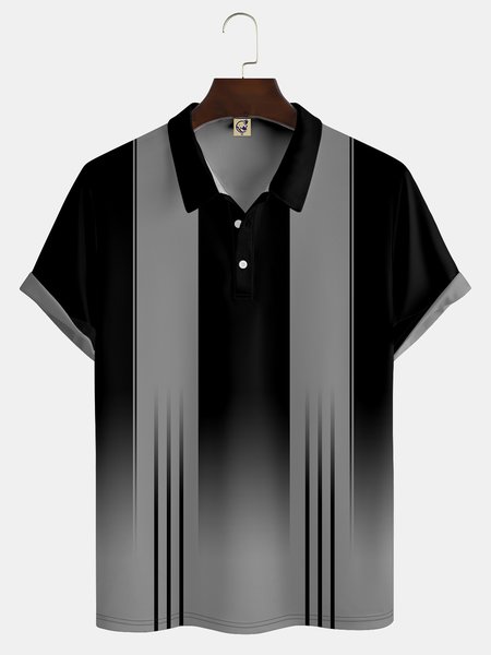 

Casual Art Collection Retro Gradient Geometric Stripes Color Block Pattern Lapel Short Sleeve Polo Print Top, Black, Men's t-shirts