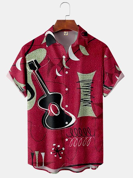 

Men's Retro Medieval Music Print Casual Breathable Hawaiian Short Sleeve Shirt with Pockets, Red, Short Sleeve Shirts