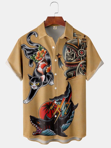 

Men's Pocket Retro Kraft Color Vintage Tattoo Print Casual Breathable Short Sleeve Shirts, As picture, Short Sleeve Shirts