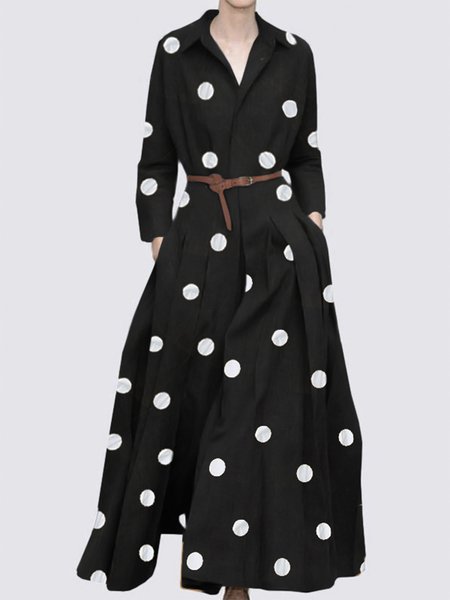 

Long sleeve Loose Polka Dots Shirt Collar Dress, Black, Maxi Dresses