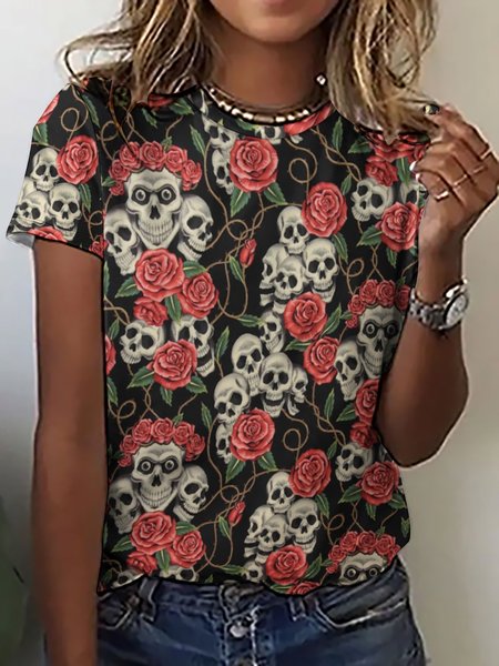

Women Halloween skull Crew Neck Loose Simple T-Shirt, As picture, T-shirts