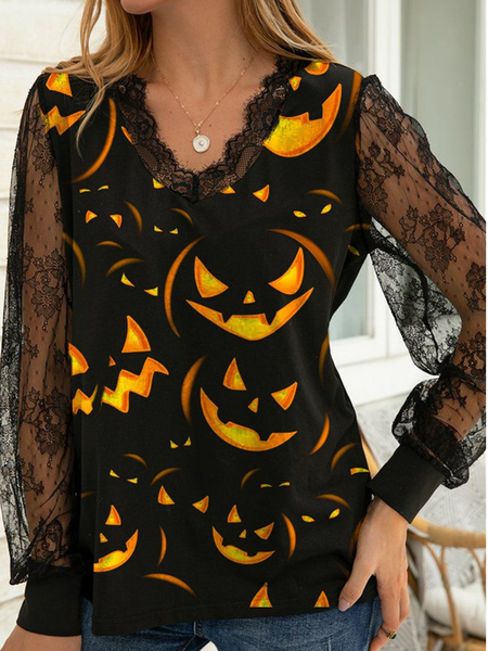

Sexy Autumn Halloween V neck Holiday Long sleeve Regular H-Line Regular Size Tops for Women, Black, T-Shirts