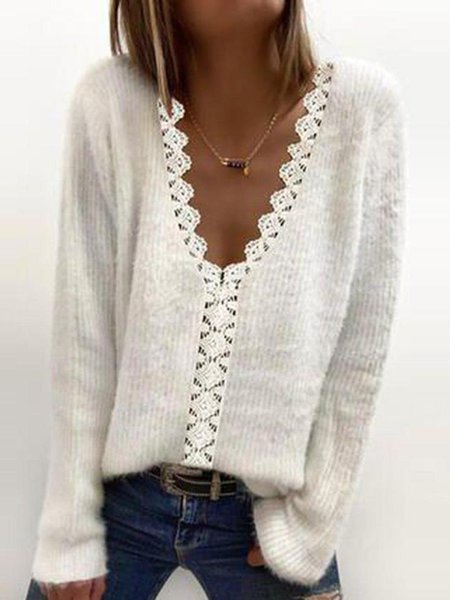 

Women Casual Plain Autumn Polyester V neck Regular Fit H-Line Regular Regular Size Sweater, White, Sweaters & Cardigans