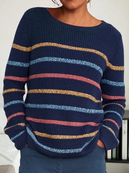 

Casual Colorful Striped Loose Pullover Sweater, Dark blue, Sweaters