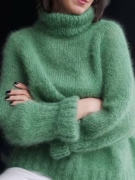 

Casual Turtleneck Plain Simple Long Sleeve Sweater, Green, Sweaters