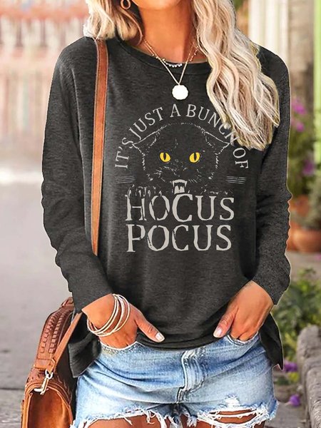 

Women A Bunch Of Hocus Pocus Cat Crew Neck Top, Gray, Long sleeves
