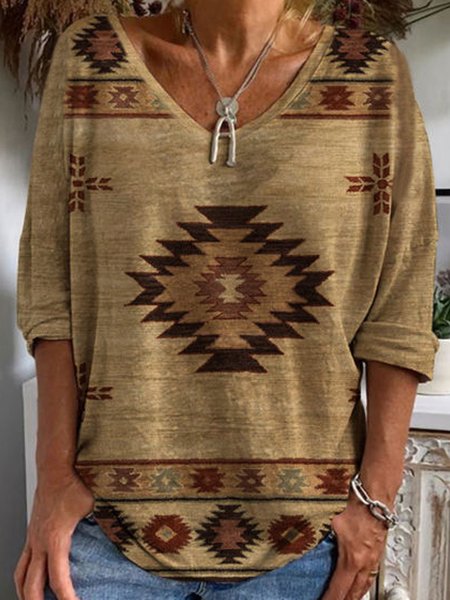

V Neck Loose Vacation Ethnic T-Shirt, Multicolor, T-Shirts