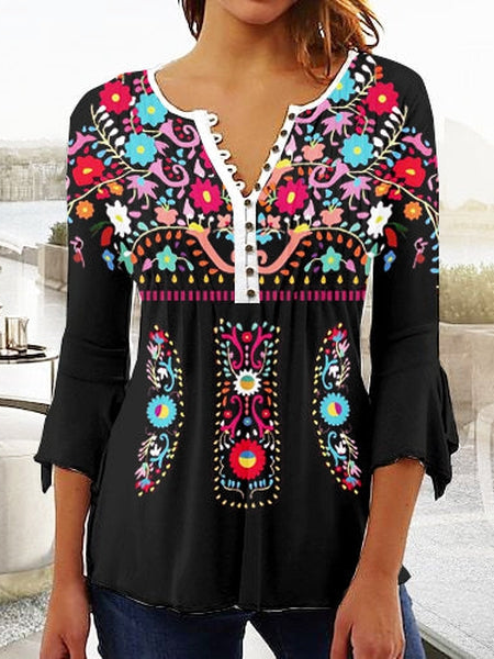 

Flare Sleeve V Neck Ethnic Casual Tops, Black, Shirts & Blouses