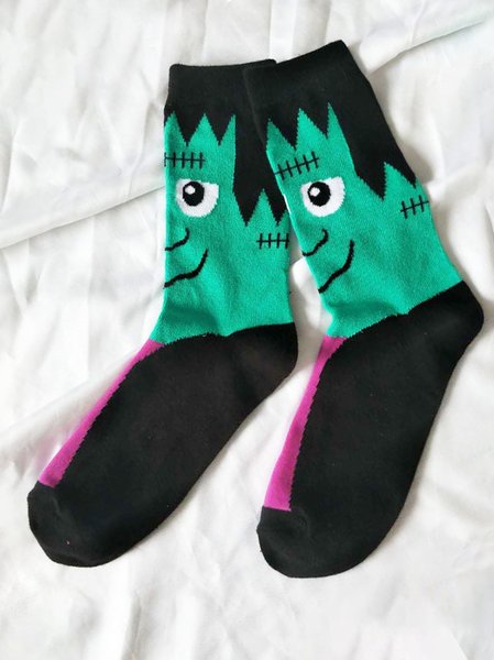 

Halloween Spoof Pumpkin Mummy Frankenstein Print Stockings, Green, Socks