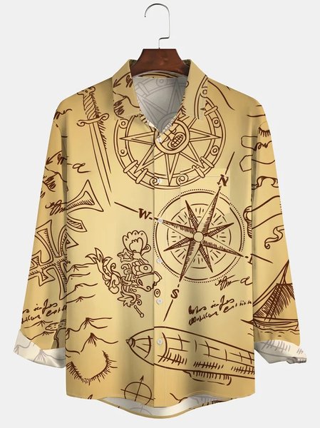 

Men's Spacecraft Collection Casual Long Sleeve Hawaiian Shirt with Chest Pocket, Khaki, Long Sleeve Shirts