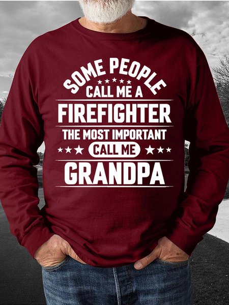Men Firefighter Call Me Grandpa Letters Crew Neck Sweatshirt, Red, Hoodies&Sweatshirts