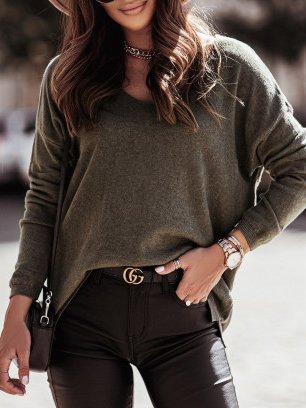 

Casual Plain V-Neck Loose Pullover Top, Black-brown, Tops