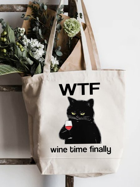 

Lilicloth X Kelly WTF Wine Time Finally Cat Graphic Casual Canvas Shopping Tote, White, Bags