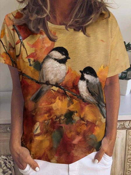 

Womens Bird Maple Leaf Casual Autumn Crew Neck T-Shirt, As picture, T-shirts
