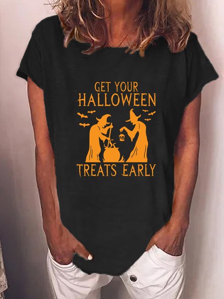 

Women Funny Get your Halloween Treats Early Cotton-Blend Casual T-Shirt, Black, T-shirts