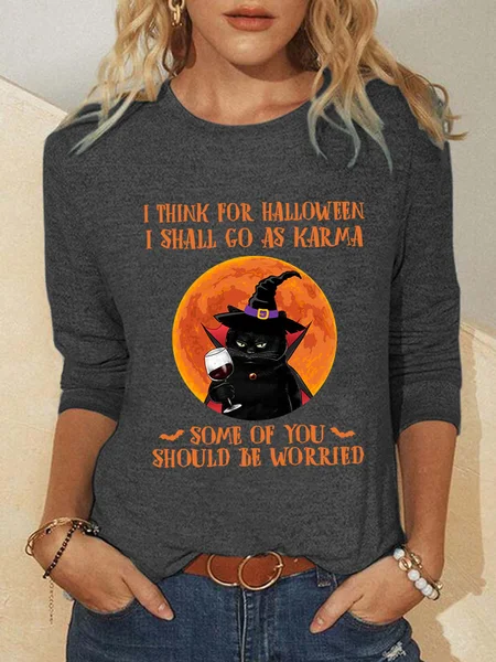 

Women Funny I Think For Halloween I Shall Go As Karma Cat Witch Crew Neck Long Sleeve Top, Deep gray, Long sleeves