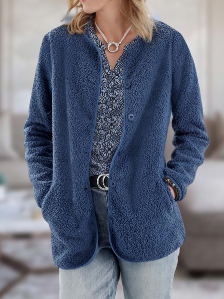 

Women Casual Plain Winter Regular Fit Long sleeve Mid-long Teddy Velvet H-Line Regular Jacket, Purplish blue, Outerwear