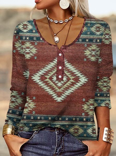 

Casual Western Ethnic Print Crew Neck Long Sleeve Top, Red, T-Shirts