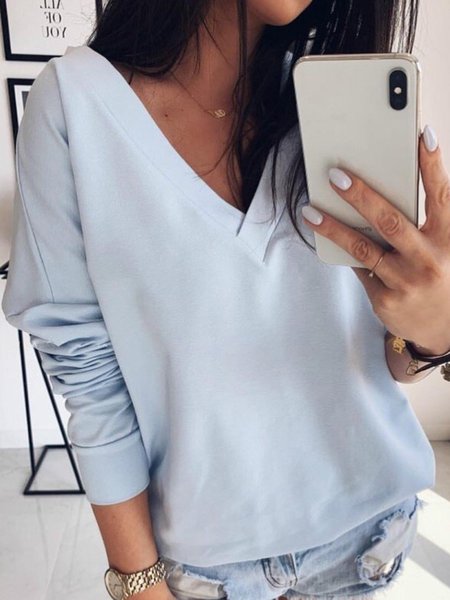 

Simple Off Shoulder Sleeve Plain Tops, Light blue, T-Shirts