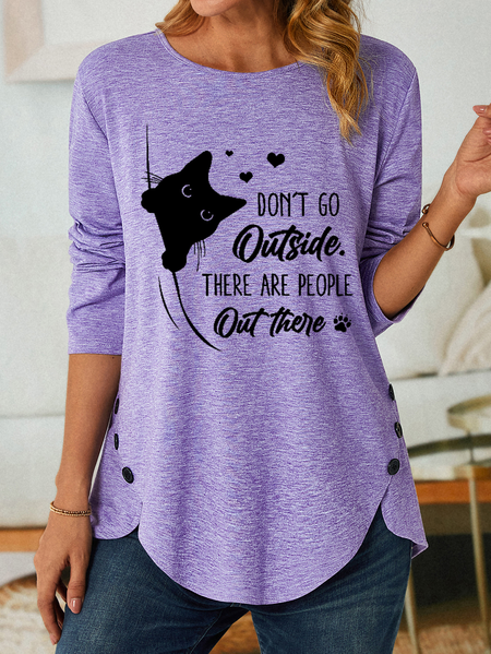 Funny Cat Don't Go Outside Print Women Simple T-Shirt, Purple, Long sleeves