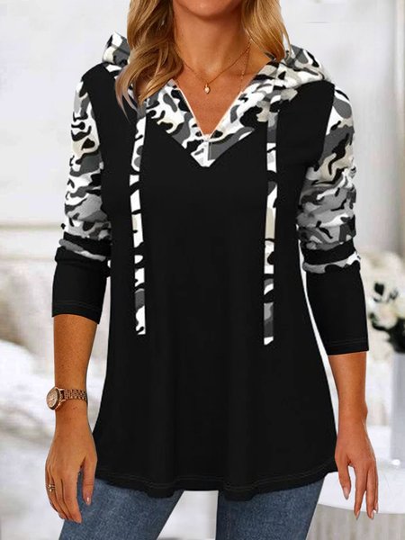 

Long sleeve V-neck geometric stripe stitched leopard knit top women's sweater, Black, Sweatshirts & Hoodies