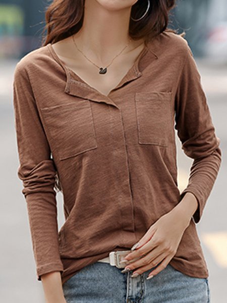 

Plain color pocket half open Pullover Top, Coffee, T-Shirts