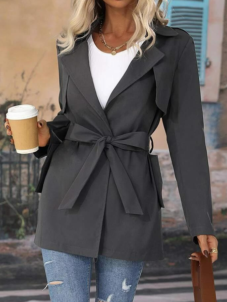 

Casual Epaulettes Design Belted Trench Coat, Gray, Trench Coats
