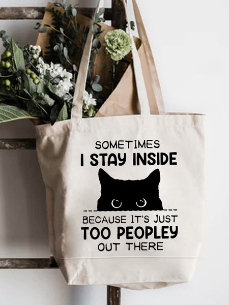 

Sometimes I Stay Inside Because It's Too Peopley Out There Cute Cat Graphic Canvas Bag Shopping Tote, White, Bags