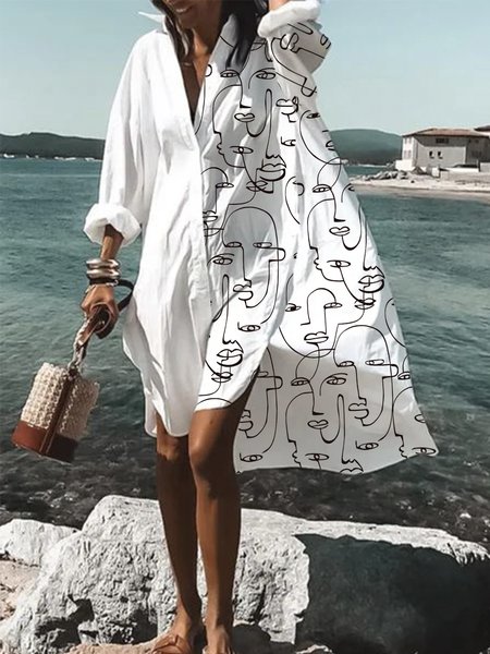 

Simple Loose Long Sleeve Midi Dress, Black-white, Midi Dresses