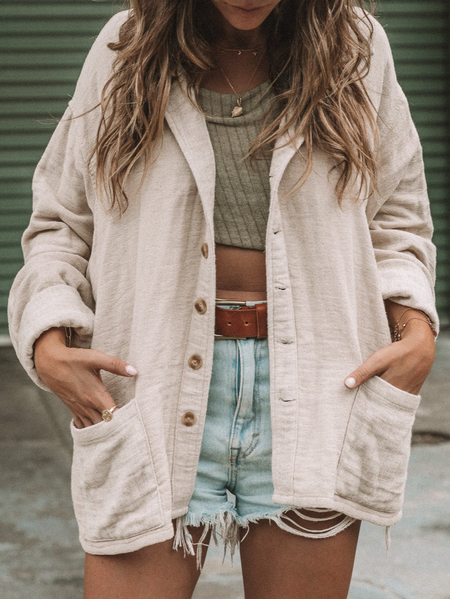 

Cotton And Linen Plain Casual Shirt Loose Other Coat, Light khaki, Coats