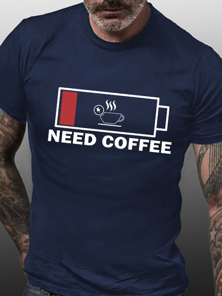 Men Need Coffee And Letter Graphic Cotton Casual Crew Neck T-Shirt, Dark blue, T-shirts