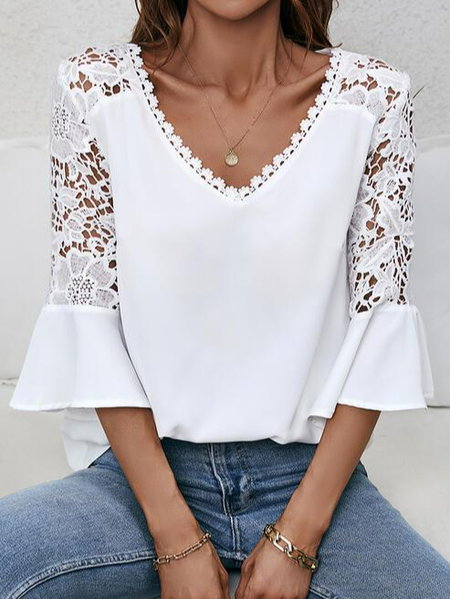 

Urban Solid Lace V-Neck 3/4 Sleeves Flare Sleeve Casual Blouses, White, Shirts & Blouses